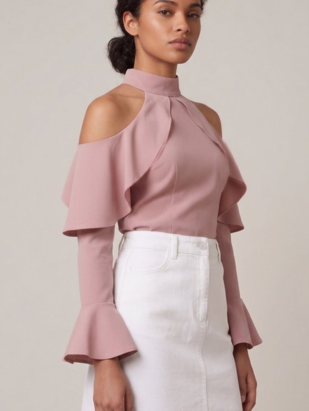 Storet Dusty Pink Cold Shoulder Ruffle Halter Blouse Top Long Sleeve Small NWT
